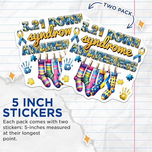 (2 Pack) Down Syndrome Awareness Stickers - Colorful Socks - Puzzle Piece Design - 5" On Longest Side - Sticks to Smooth Flat Surfaces - Made in USA - BMCS8204