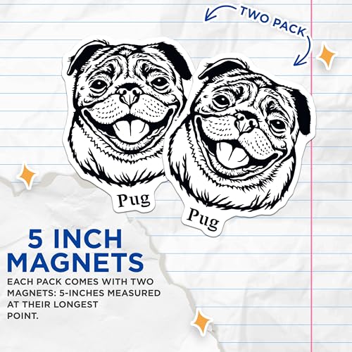 (2 Pack) Pug Dog Magnets - Adorable Dog Lover Magnet - Cute Puppy Refrigerator Magnets - 5" On Longest Side - for Cars, Fridges, Toolboxes - Made in USA - MAG4019