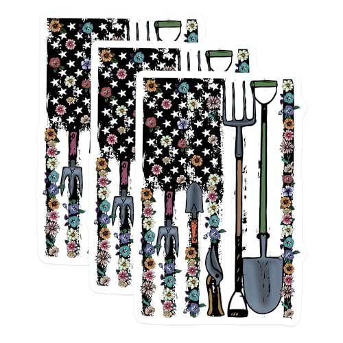 (3 Pack) Gardening Decals - American Flag - Floral Garden Tools - 3 Inches On Longest Side - Easy Peel & Apply - Made in USA - 3MCS2955