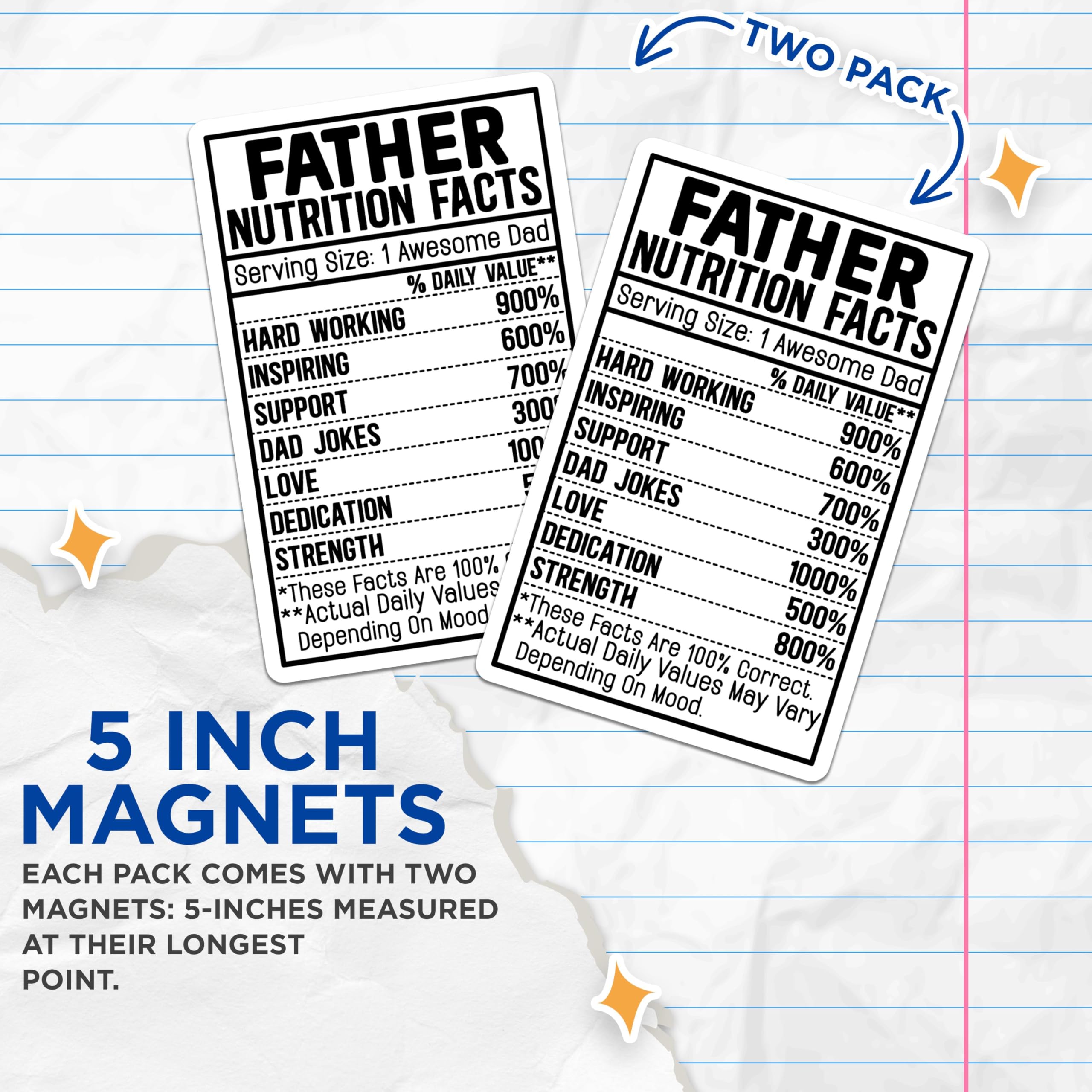 (2 Pack) Father Nutrition Facts Magnets - Inspirational Dad Magnets - Father's Day Magnets - 5" On Longest Side - for Cars, Fridges, Toolboxes - Made in USA - MAG3987