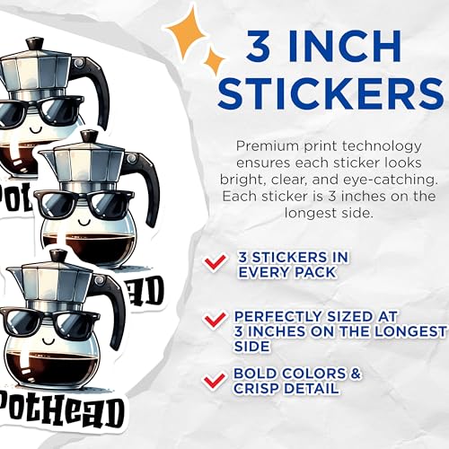 (3 Pack) Pothead Coffee Decals - Funny Coffee Lover - Moka Pot Laptop Decals - 3 Inches On Longest Side - Easy Peel & Apply - Made in USA - 3MCS2063
