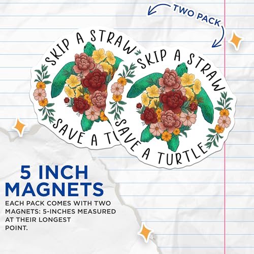 (2 Pack) Skip A Straw Save A Turtle Magnets - Eco-Friendly Motivational Magnets - Floral Turtle Magnets - 5" On Longest Side - for Cars, Fridges, Toolboxes - Made in USA - MAG4174