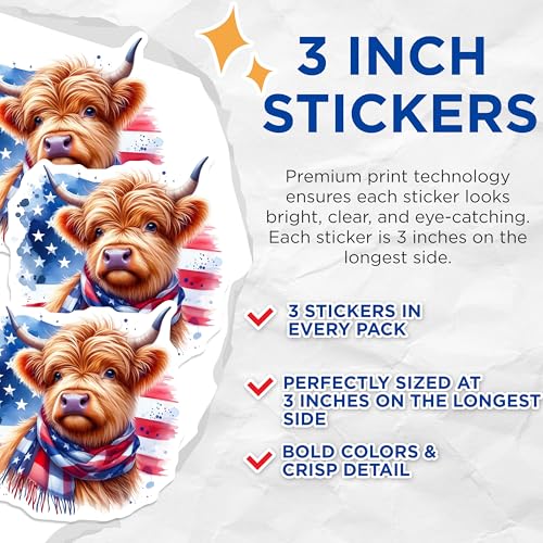 (3 Pack) Highland Cow Decals - Patriotic American Flag - Cute Animal Laptop Decal- 3 Inches On Longest Side - Easy Peel & Apply - Made in USA - 3MCS5105
