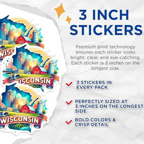(3 Pack) Wisconsin Decals - State Pride Stickers - Laptop Hydroflask Decals- 3 Inches On Longest Side - Easy Peel & Apply - Made in USA - 3MCS5310