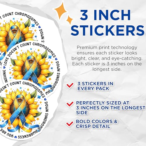 (3 Pack) Down Syndrome Decals - Awareness Ribbon Sticker - Sunflower Laptop Decal - 3 Inches On Longest Side - Easy Peel & Apply - Made in USA - 3MCS6976