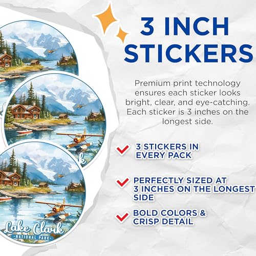 (3 Pack) Lake Clark Decals - National Park Stickers - Seaplane Decal - 3 Inches On Longest Side - Easy Peel & Apply - Made in USA - 3MCS0507