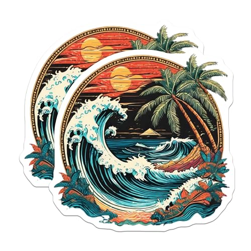 (2 Pack) Tropical Beach Stickers - Ocean Wave - Sunset Palm Tree - 5" On Longest Side - Sticks to Smooth Flat Surfaces - Made in USA - BMCS9253