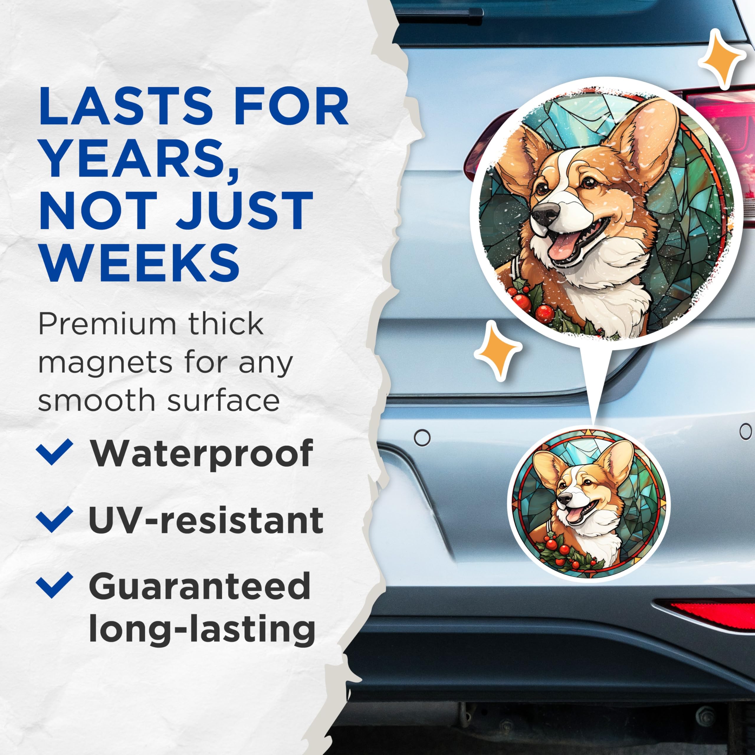 (2 Pack) Corgi Stained Glass Magnets - Christmas Dog Decor - Refrigerator Holiday Art - 5 Inches On Longest Side - Thick Durable Magnet - Made in USA - MAG23720