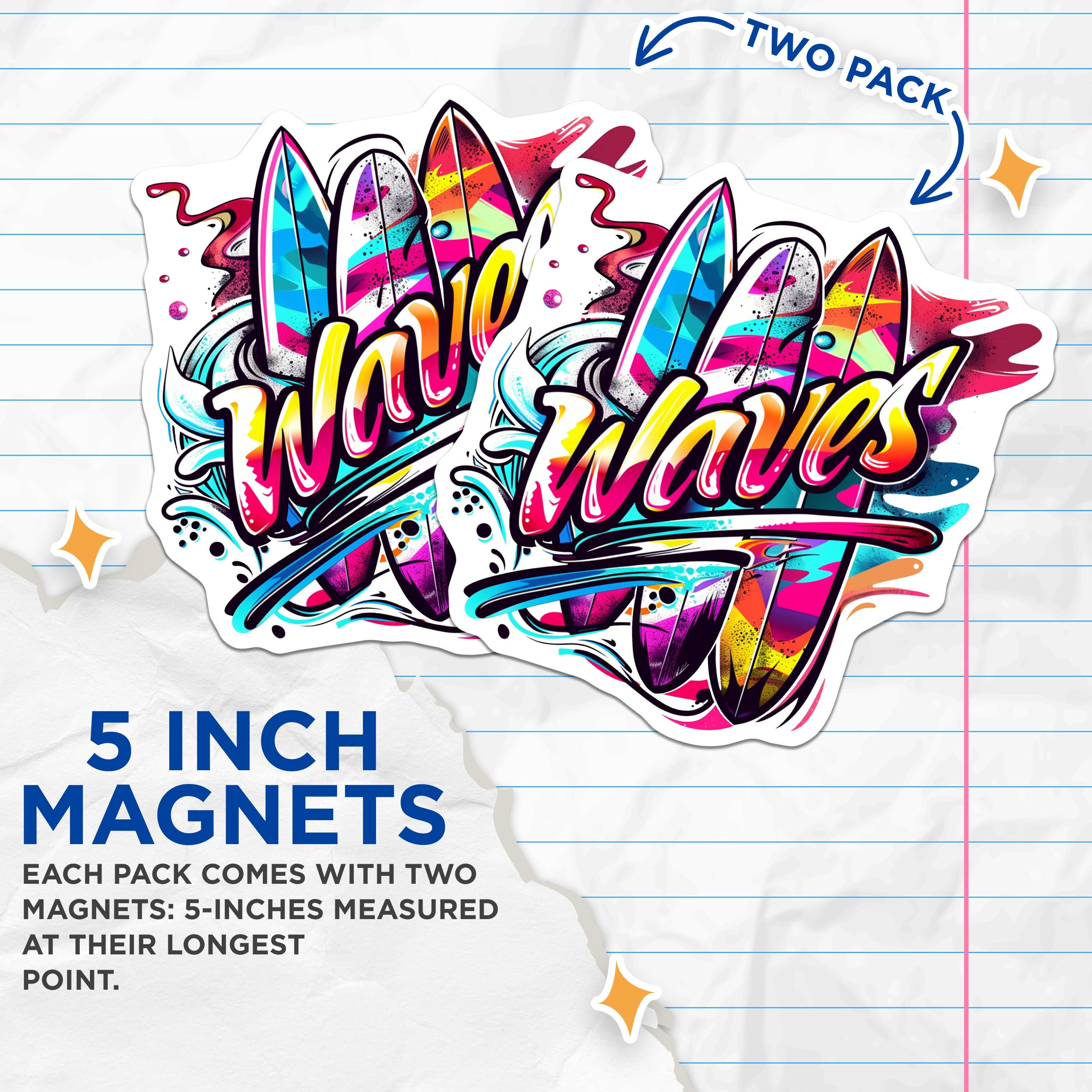 (2 Pack) Surfboard Waves Magnets - Neon Beach Aesthetic - Summer Vibe Fridge Art - 5 Inches On Longest Side - Thick Durable Magnet - Made in USA - MAG36735
