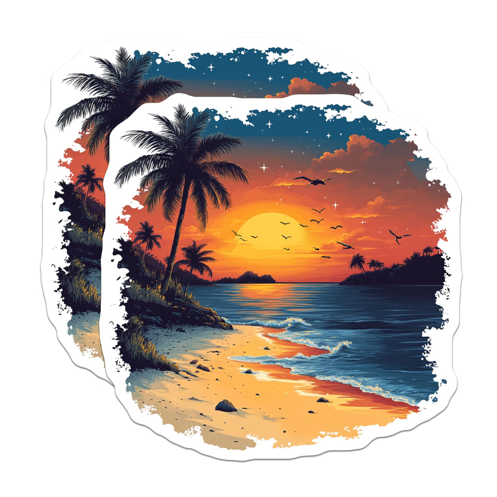 (2 Pack) Tropical Sunset Magnets - Beach Landscape - Palm Tree Ocean Refrigerator Decor - 5 Inches On Longest Side - Thick Durable Magnet - Made in USA - MAG30747