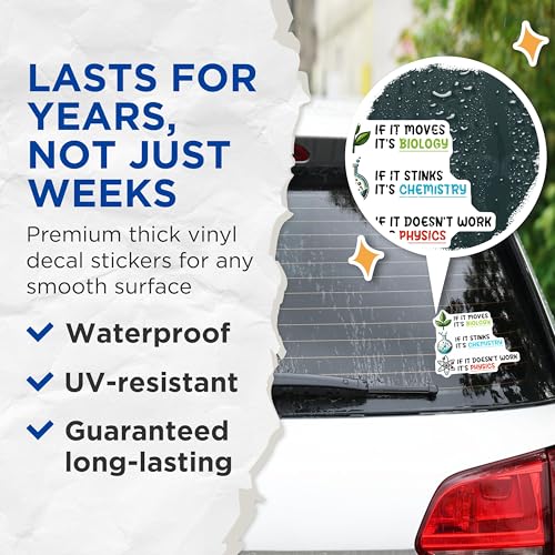 (2 Pack) Funny Science Stickers - Biology Chemistry Physics Humorous Quote - Educational Scientist - 5" On Longest Side - Sticks to Smooth Flat Surfaces - Made in USA - BMCS8020