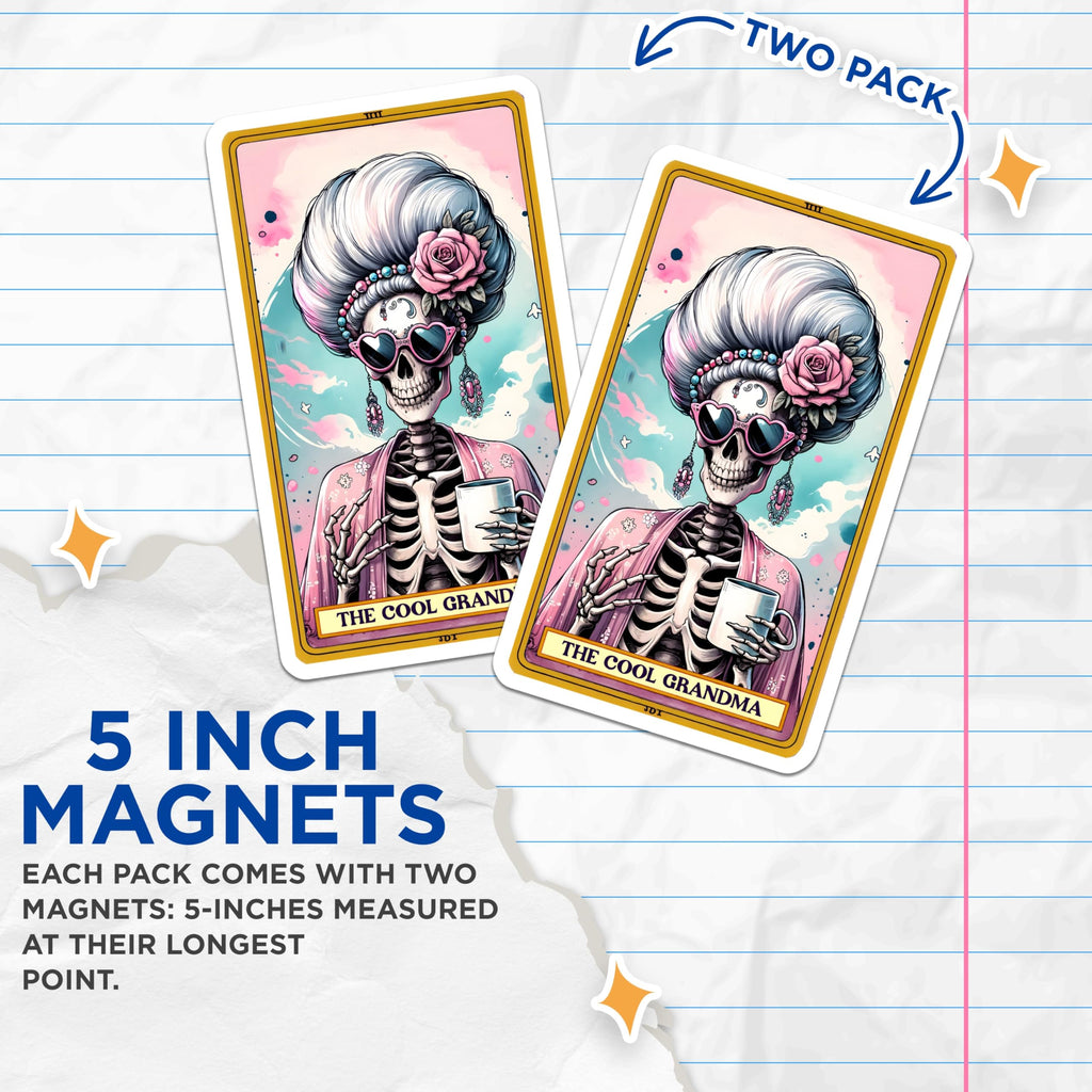 (2 Pack) Cool Grandma Skeleton Magnets - Sassy Coffee Lover Art - Humorous Fridge Locker Decor - 5 Inches On Longest Side - Thick Durable Magnet - Made in USA - MAG22770