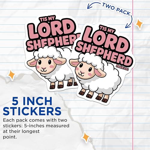 (2 Pack) Lord Shepherd Stickers - Christian Bible Verse Stickers - Psalm 23 Stickers for Faith - 5" On Longest Side - Sticks to Smooth Flat Surfaces - Made in USA - BMCS3881