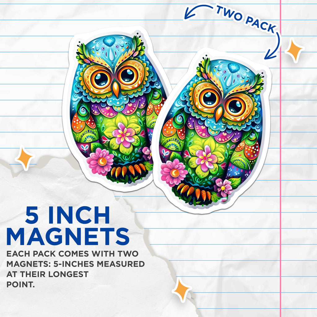 (2 Pack) Vibrant Folk Art Owl Magnets - Bohemian Kitchen Decor - Whimsical Spiritual Animal Refrigerator Magnet Set - 5 Inches On Longest Side - Thick Durable Magnet - Made in USA - MAG38709