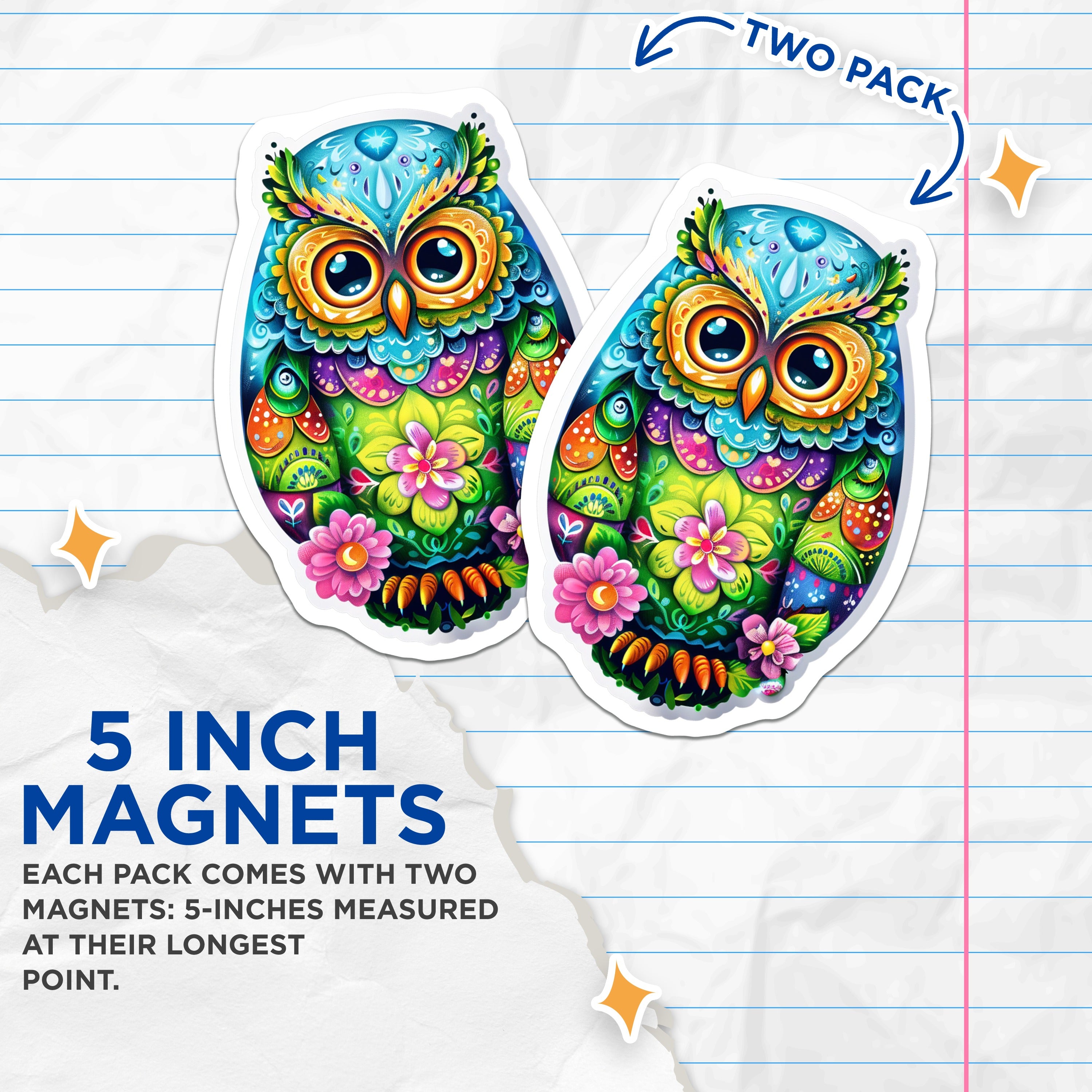 (2 Pack) Vibrant Folk Art Owl Magnets - Bohemian Kitchen Decor - Whimsical Spiritual Animal Refrigerator Magnet Set - 5 Inches On Longest Side - Thick Durable Magnet - Made in USA - MAG38709
