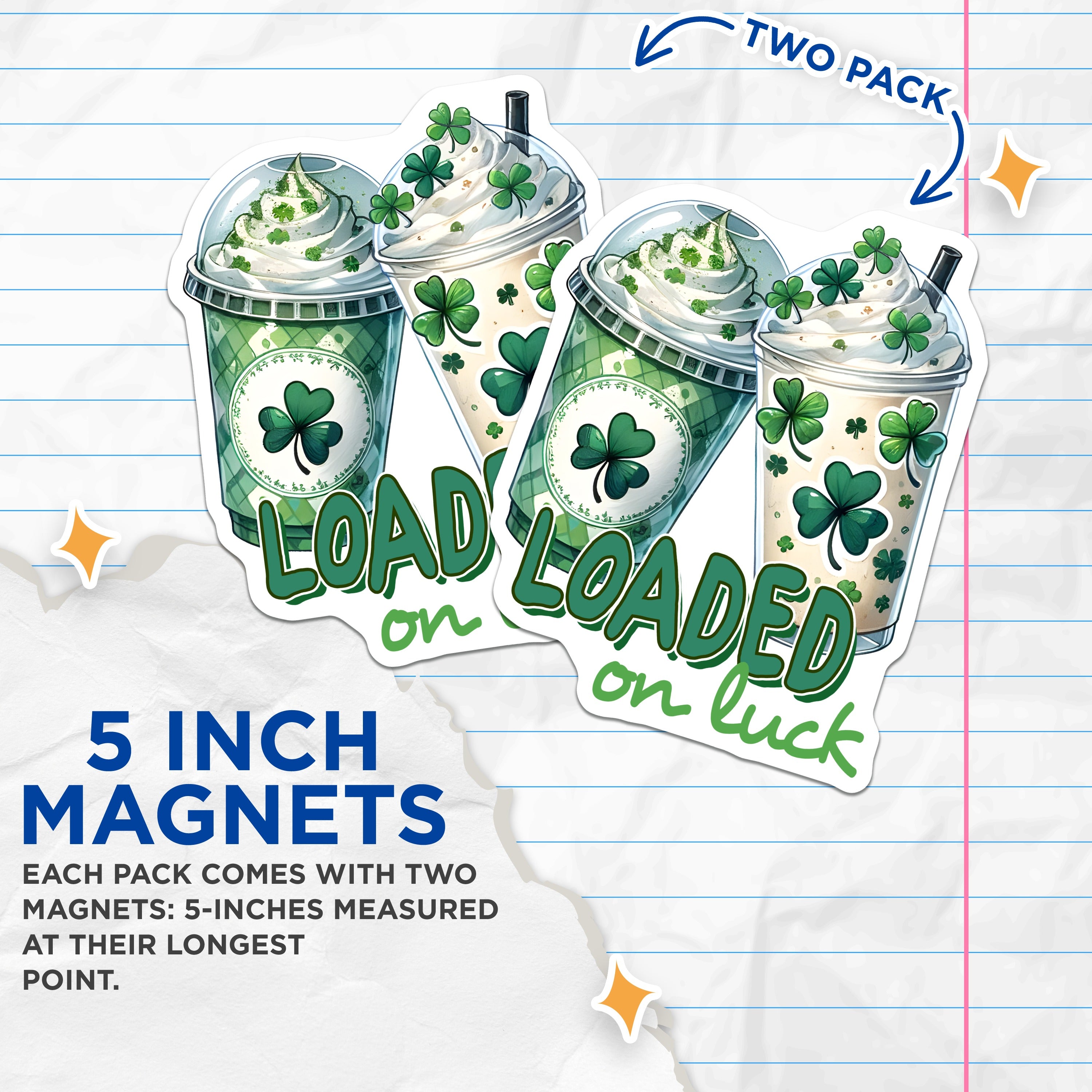 (2 Pack) St Patricks Day Magnets - Lucky Shamrock Drink - Green Frappe Cafe Decor - 5 Inches On Longest Side - Thick Durable Magnet - Made in USA - MAG37796