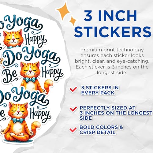 (3 Pack) Yoga Cat Decals - Meditation Kitty - Do Yoga Be Happy Decal - 3 Inches On Longest Side - Easy Peel & Apply - Made in USA - 3MCS1300