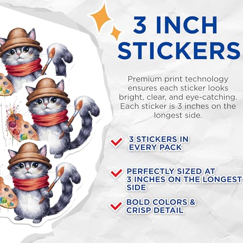 (3 Pack) Cat Artist Decals - Painting Kitty - Cute Animal Stickers - 3 Inches On Longest Side - Easy Peel & Apply - Made in USA - 3MCS7395