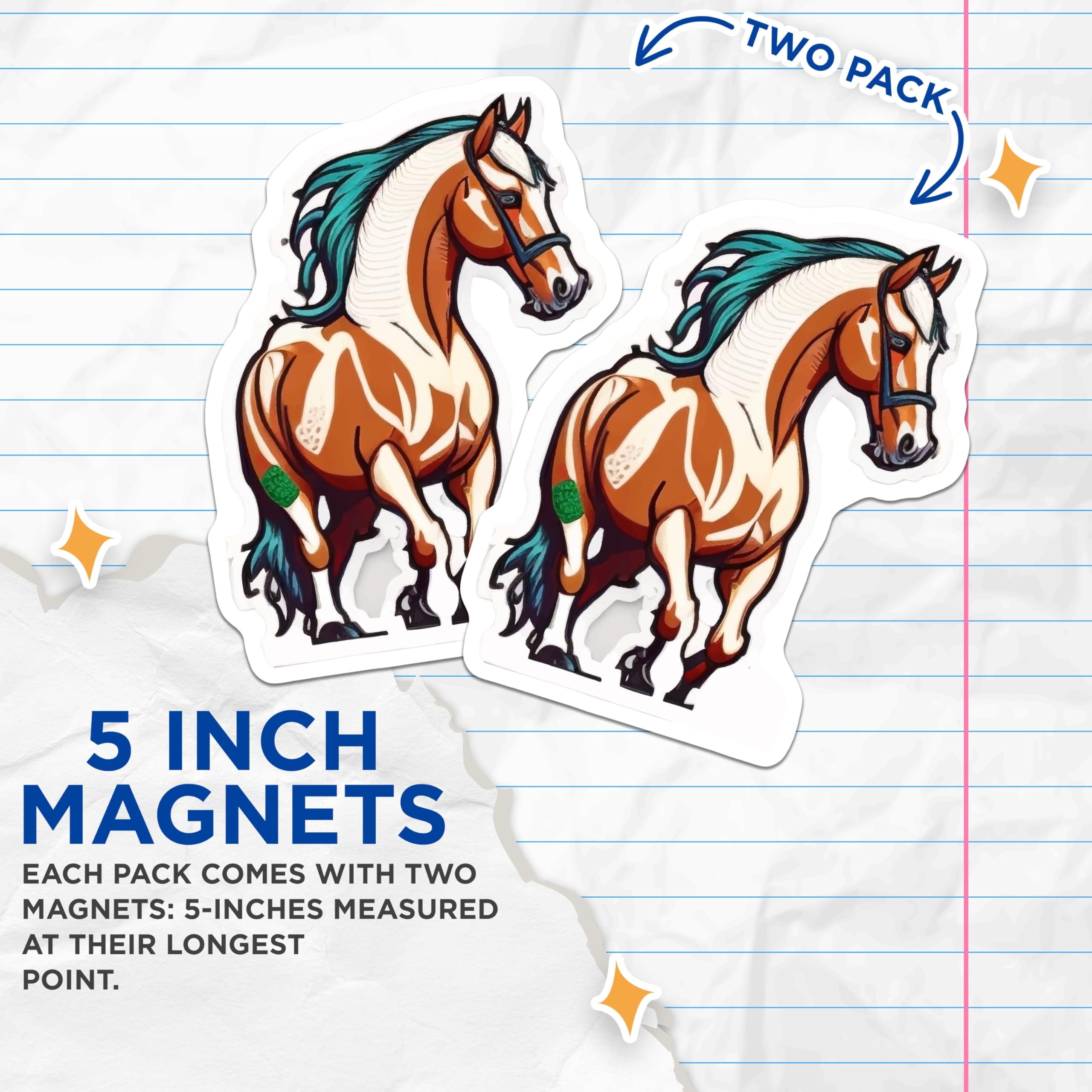 (2 Pack) Horse Magnets - Equestrian Fridge Decor - Teal Mane Equine Art - Pinto Horse Locker Magnet - 5 Inches On Longest Side - Thick Durable Magnet - Made in USA - MAG22142