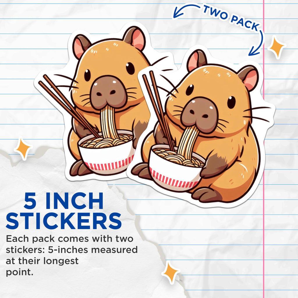 (2 Pack) Cute Noodle Eating Animal Stickers - Adorable Animal Art - Fun Stickers for Water Bottles - 5" On Longest Side - Sticks to Smooth Flat Surfaces - Made in USA - BMCS9906