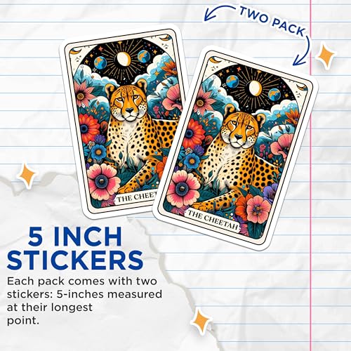 (2 Pack) Cheetah Art Stickers - Wild Animal Themed Stickers - Vibrant Illustration Stickers - 5" On Longest Side - Sticks to Smooth Flat Surfaces - Made in USA - BMCS4449