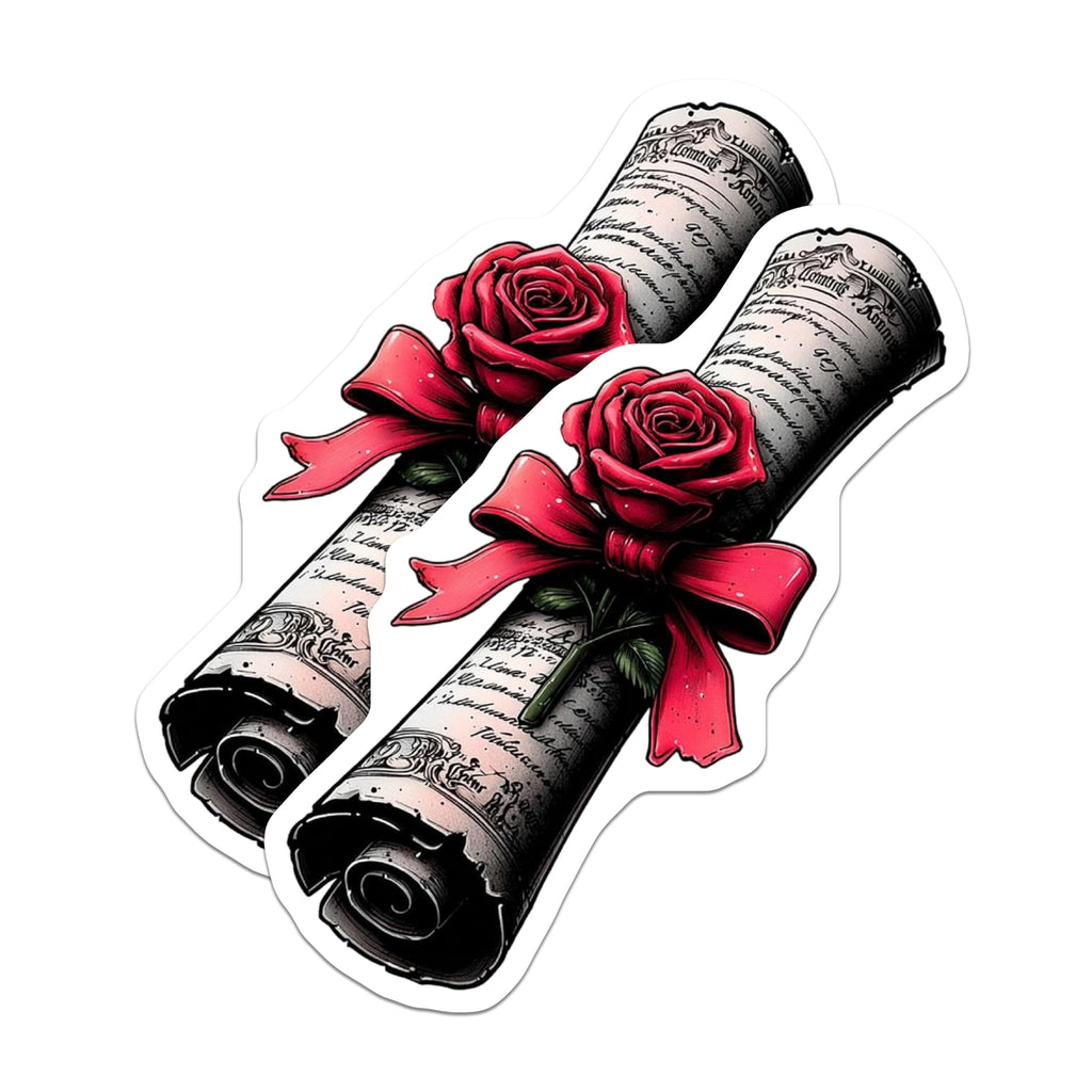 (2 Pack) Enchanted Scroll Magnets - Red Rose Ribbon Design - Vintage Love Message Artwork - 5 Inches On Longest Side - Thick Durable Magnet - Made in USA - MAG21174