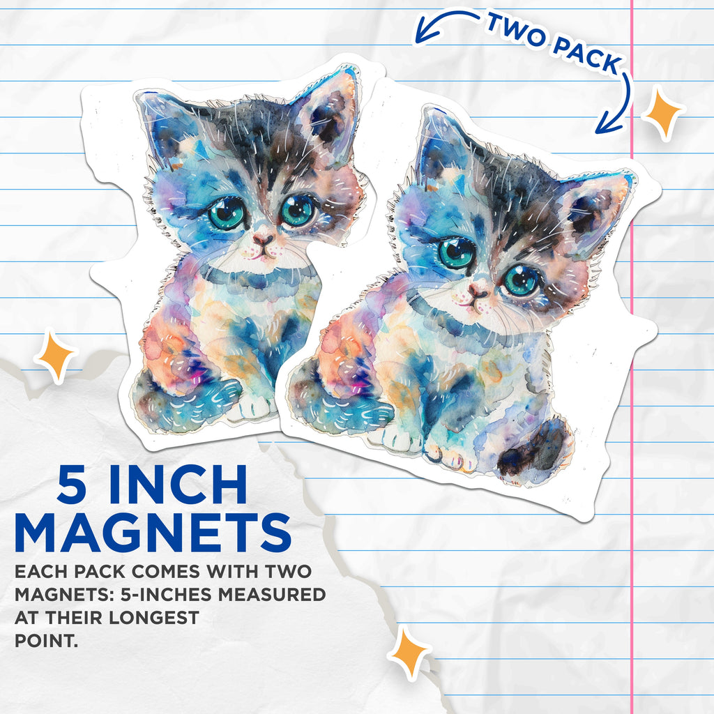(2 Pack) Cute Watercolor Kitten Magnets - Aesthetic Cat Lover Pet Art - Whimsical Animal Fridge Decor - Office Locker Magnets - 5 Inches On Longest Side - Thick Durable Magnet - Made in USA - MAG36007