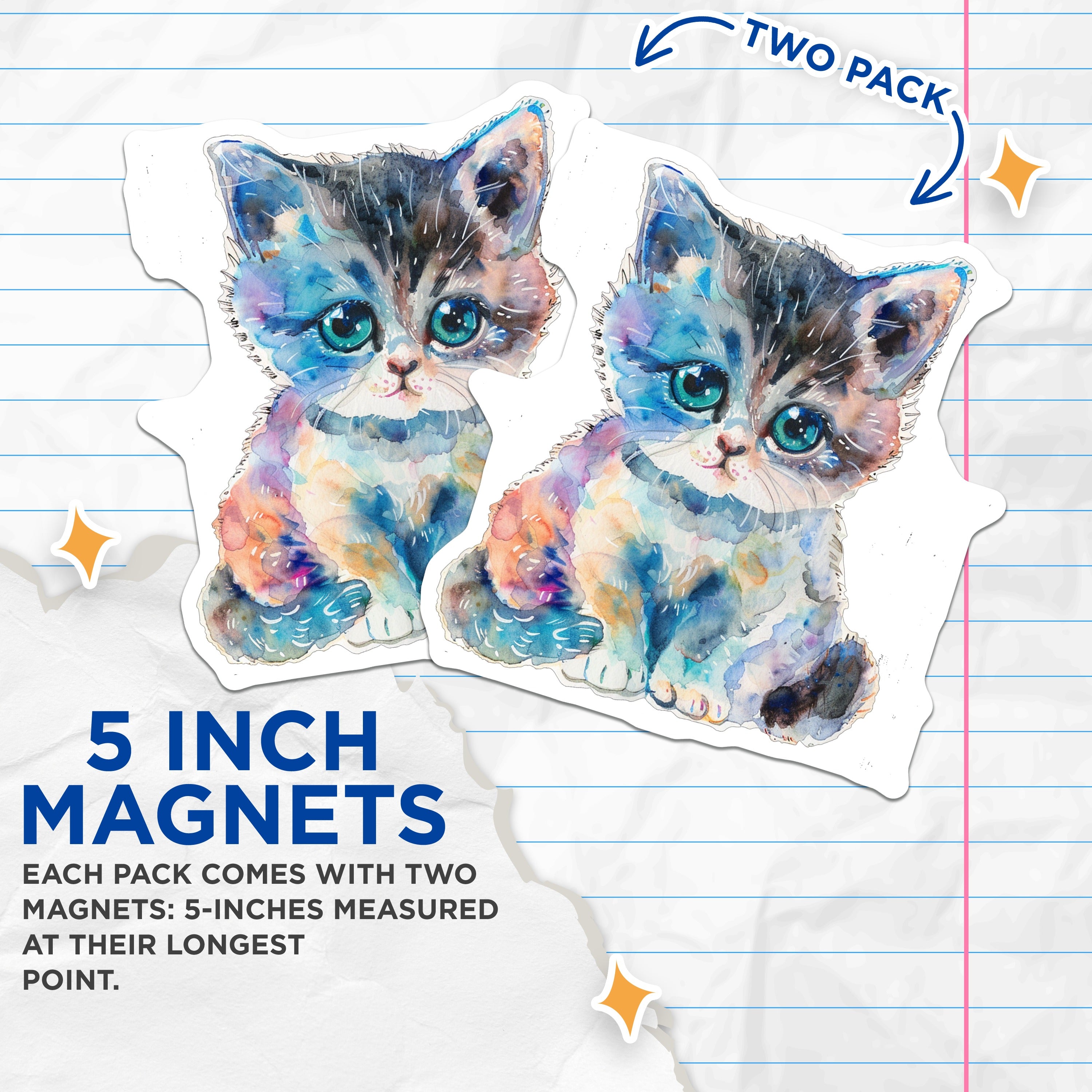 (2 Pack) Cute Watercolor Kitten Magnets - Aesthetic Cat Lover Pet Art - Whimsical Animal Fridge Decor - Office Locker Magnets - 5 Inches On Longest Side - Thick Durable Magnet - Made in USA - MAG36007