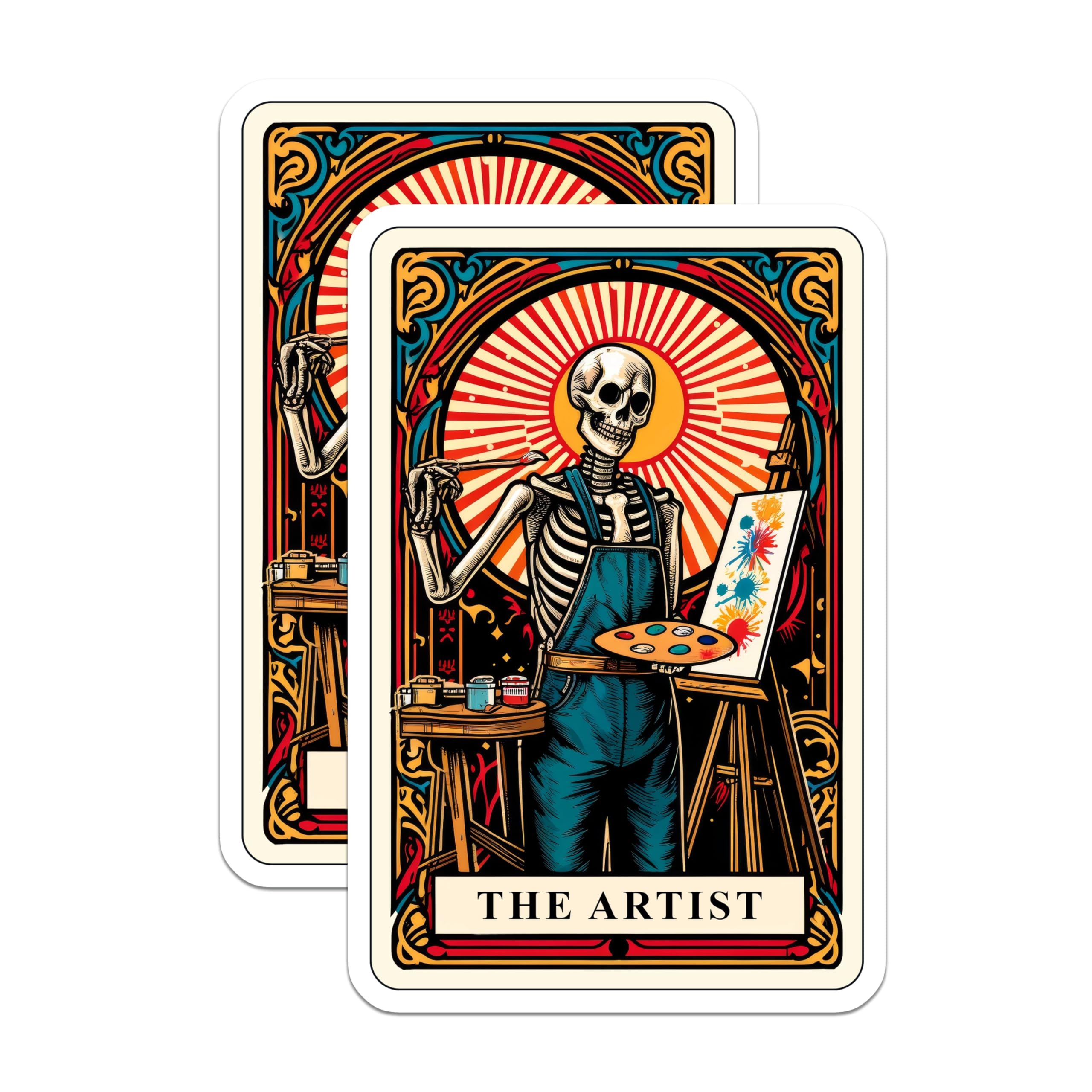 (2 Pack) Skeleton Artist Stickers - Gothic Bohemian Tarot Card Art - Creative Painter Skull Decals - 5" On Longest Side - Sticks to Smooth Flat Surfaces - Made in USA - BMCS20808