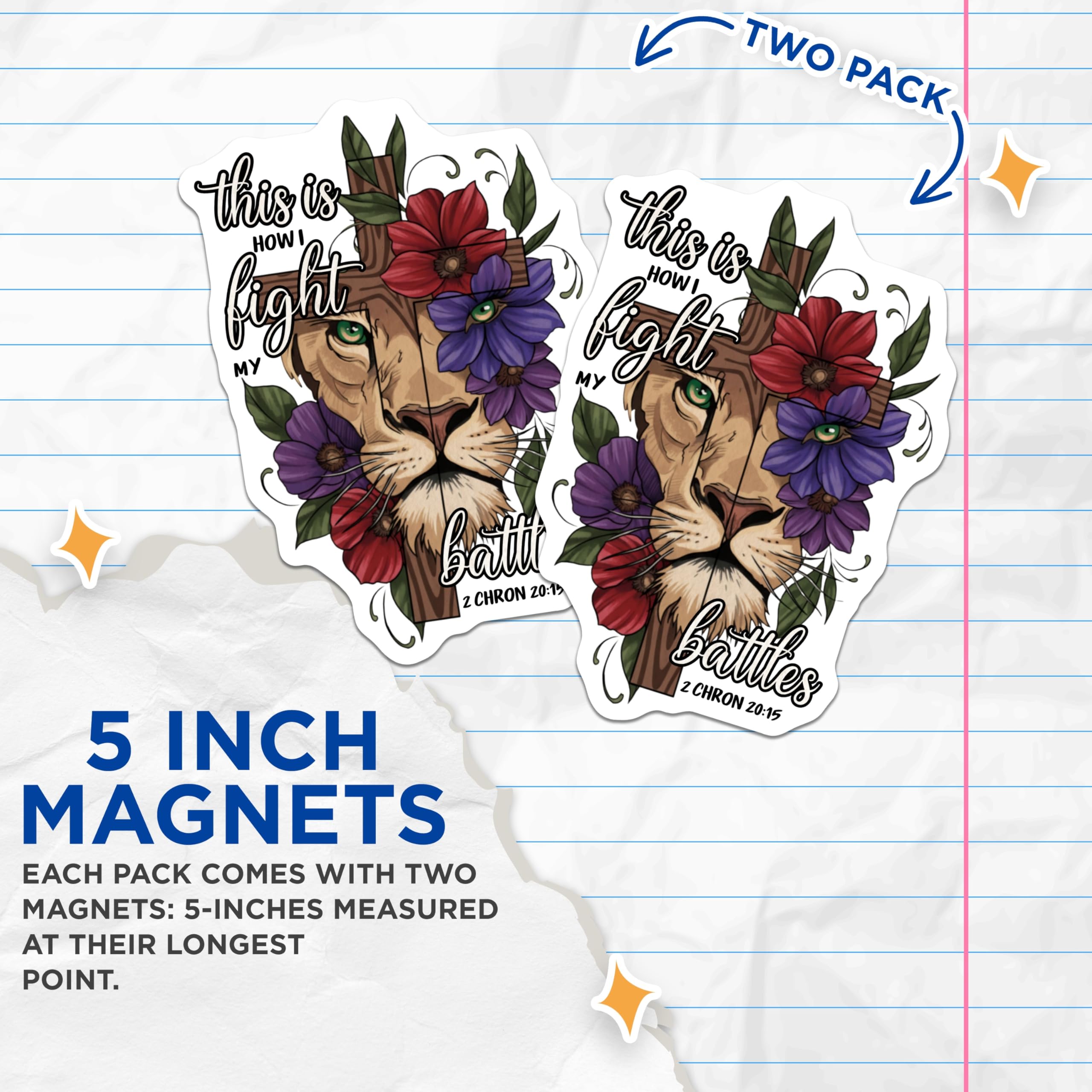 (2 Pack) Lion Fight Battles Magnets - Christian Verse - Floral Cross Religious Magnets - 5" On Longest Side - Premium Magnet - for Cars, Refrigerators, Toolboxes, Lockers - Made in USA - MAG16082