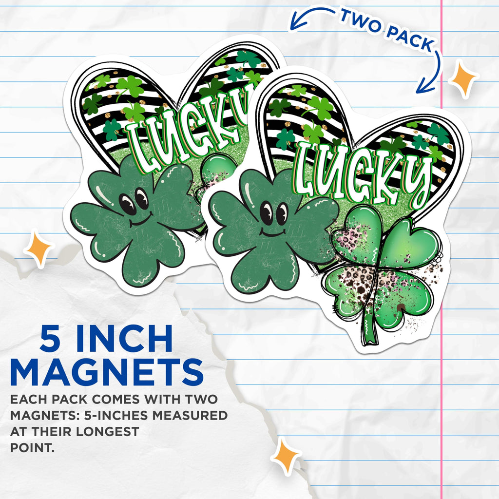 (2 Pack) Lucky Shamrocks Magnets - St Patricks Day Decor - Irish Clover Accessories - 5 Inches On Longest Side - Thick Durable Magnet - Made in USA - MAG20176