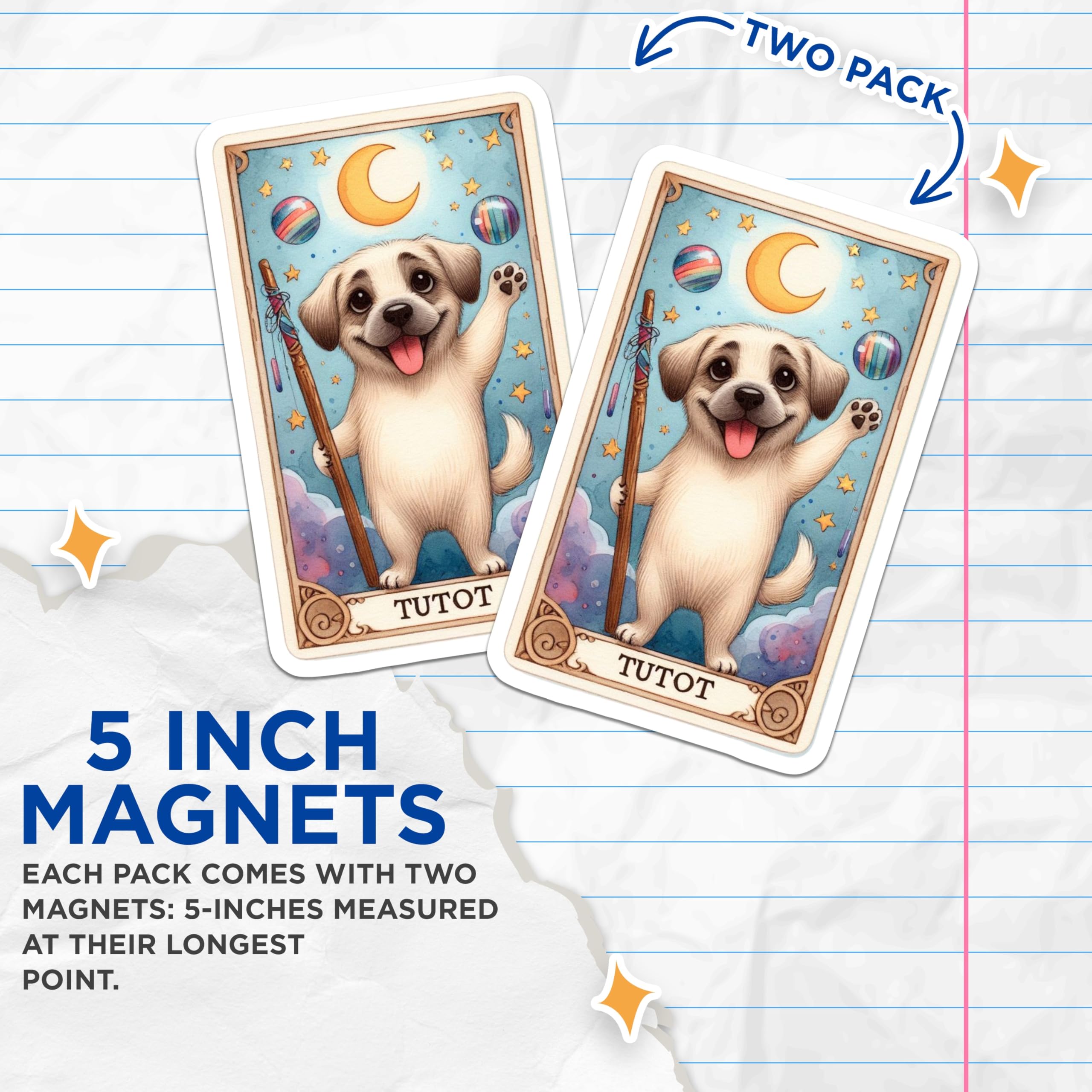 (2 Pack) Whimsical Dog Magnets - Tarot Inspired Puppy Art - Celestial Canine Decor Magnets - 5 Inches On Longest Side - Thick Durable Magnet - Made in USA - MAG22495