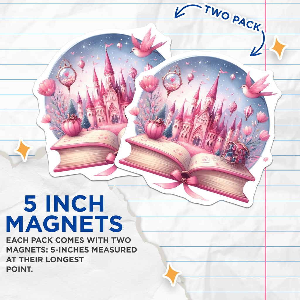 (2 Pack) Fairy Tale Castle Magnets - Pink Princess Decor - Whimsical Book Lover - Aesthetic Room Decor - Magical Dreamy Art - 5 Inches On Longest Side - Thick Durable Magnet - Made in USA - MAG38868