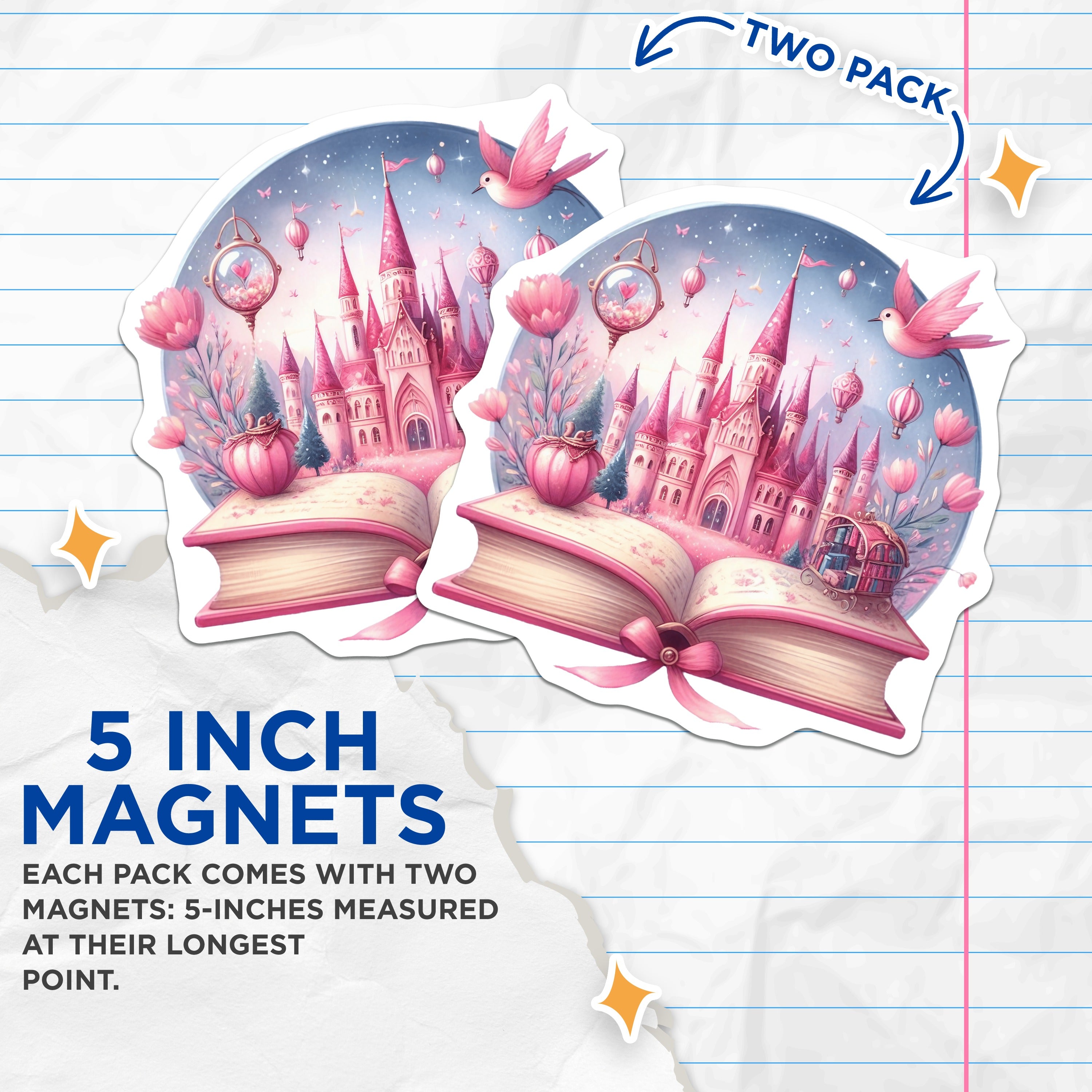 (2 Pack) Fairy Tale Castle Magnets - Pink Princess Decor - Whimsical Book Lover - Aesthetic Room Decor - Magical Dreamy Art - 5 Inches On Longest Side - Thick Durable Magnet - Made in USA - MAG38868