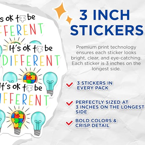 (3 Pack) Its Ok to Be Different Decals - Autism Awareness Decal - Puzzle Piece Lightbulb - 3 Inches On Longest Side - Easy Peel & Apply - Made in USA - 3MCS7287