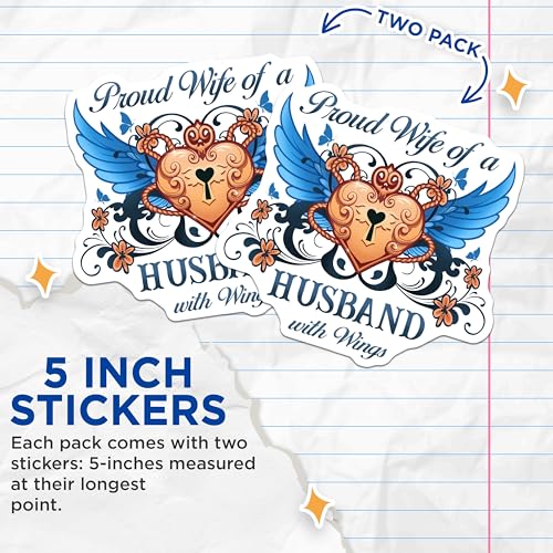 (2 Pack) Proud Wife of a Husband with Wings Stickers - Heart and Wings - Butterfly Floral Design - 5" On Longest Side - Sticks to Smooth Flat Surfaces - Made in USA - BMCS6110