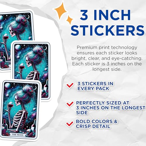 (3 Pack) Skeleton Wine Decals - Funny Drinking - Tarot Card Art Decals - 3 Inches On Longest Side - Easy Peel & Apply - Made in USA - 3MCS4225