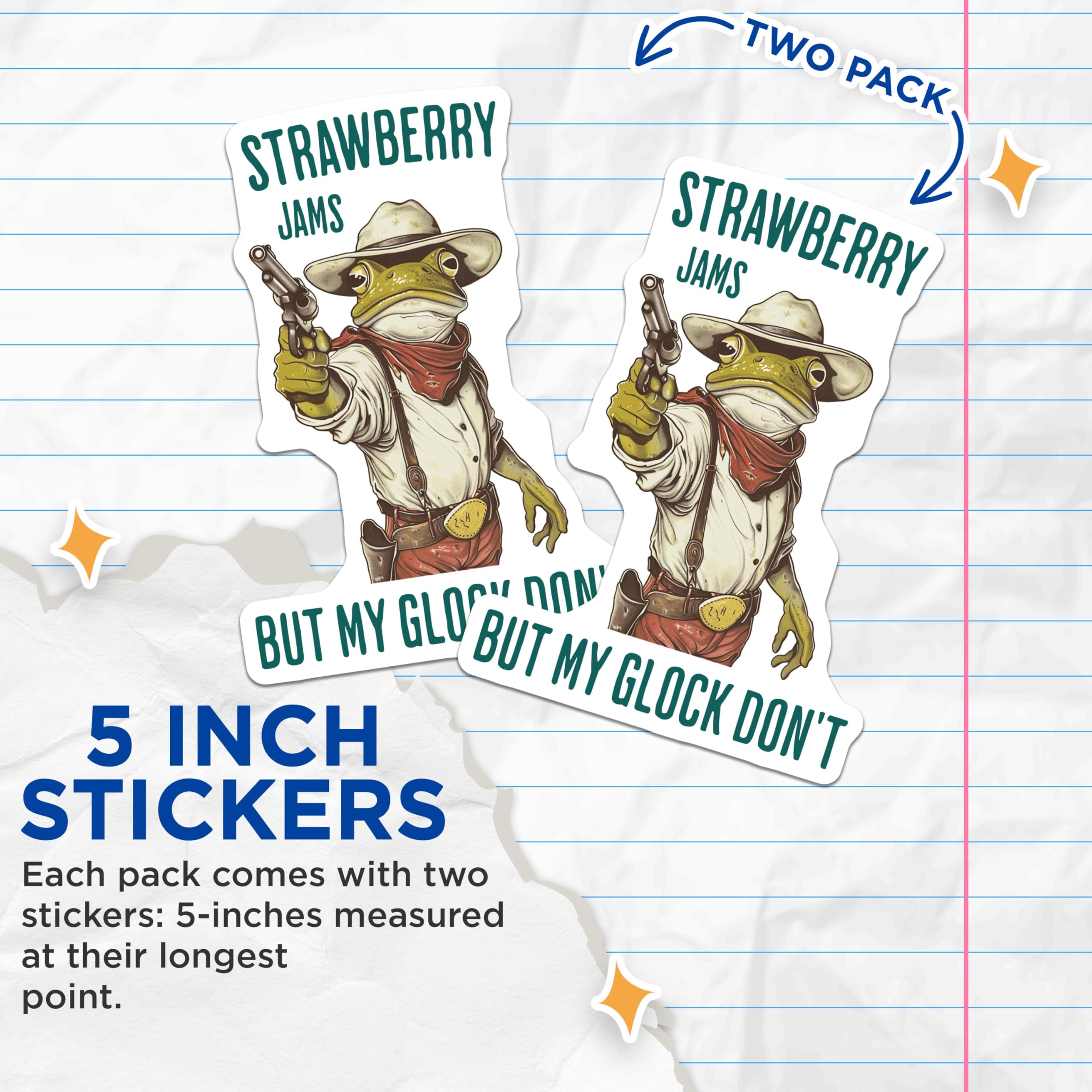 (2 Pack) Funny Frog Stickers - Western Humor Stickers - Strawberry Jams But My Glock Don't Sticker - 5" On Longest Side - Sticks to Any Smooth Flat Surface - Made in USA - BMCS3480