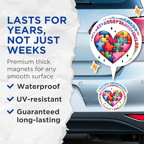 (2 Pack) Autism Awareness Magnets - Support Inclusion Love Magnets - Respect Acceptance Autism Magnets - 5" On Longest Side - for Cars, Refrigerators, Toolboxes, Lockers - Made in USA BMCS3203