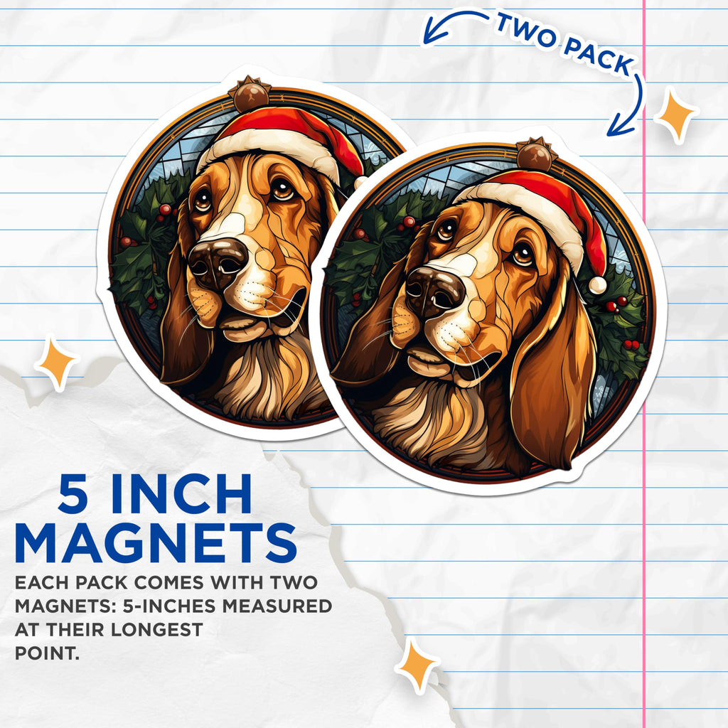 (2 Pack) Basset Hound Christmas Magnets - Stained Glass Style - Holiday Dog Decor Pet Lovers - 5 Inches On Longest Side - Thick Durable Magnet - Made in USA - MAG27909
