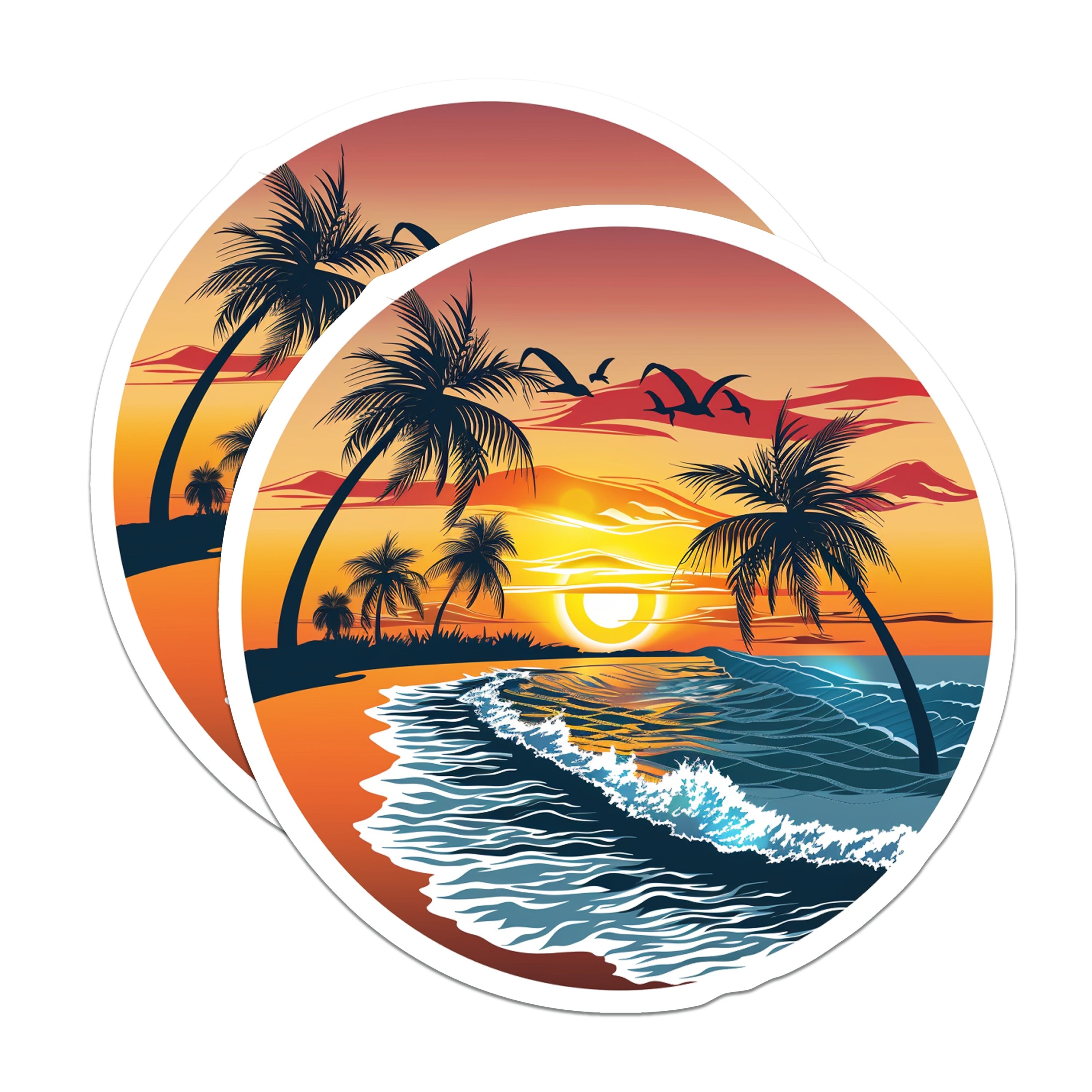 (2 Pack) Beach Sunset Palm Tree Magnets - Tropical Ocean Wave - Coastal Vibe Decor - Summer Vacation Souvenir - 5 Inches On Longest Side - Thick Durable Magnet - Made in USA - MAG37164