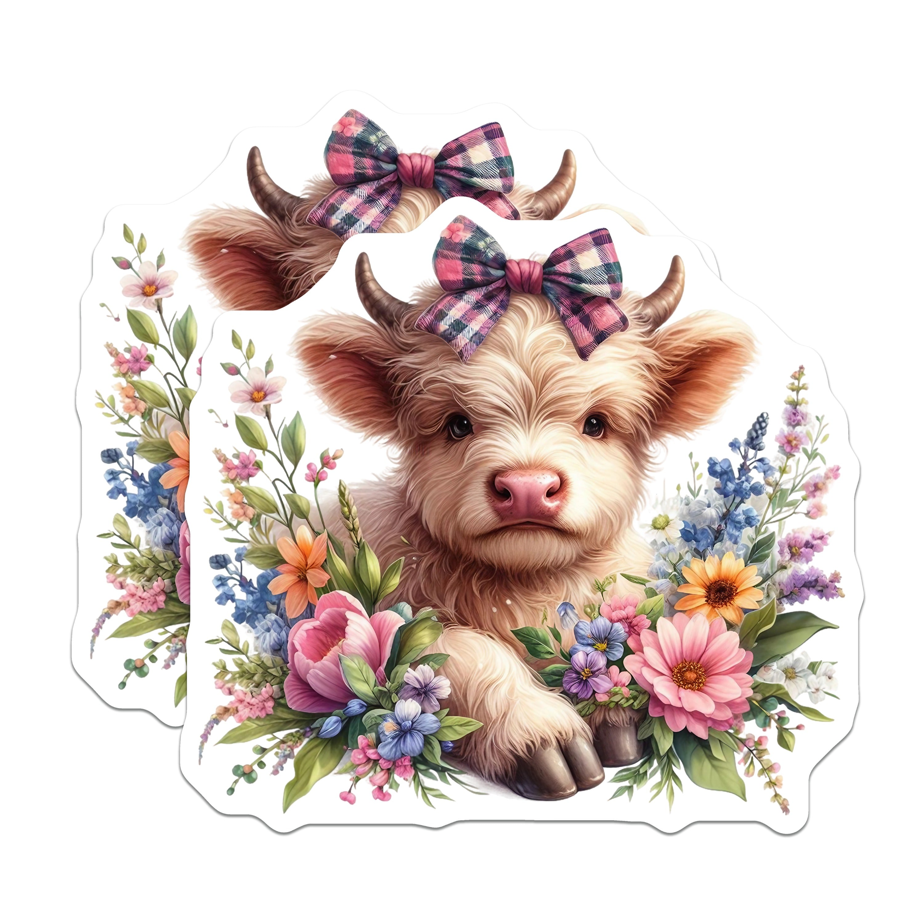 (2 Pack) Highland Cow Magnets - Cute Floral Calf Decor - Farmhouse Refrigerator Accessories - 5 Inches On Longest Side - Thick Durable Magnet - Made in USA - MAG39751