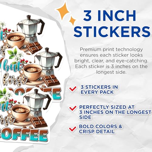 (3 Pack) Coffee Lover Decals - But First Coffee - Laptop Decal Stickers - 3 Inches On Longest Side - Easy Peel & Apply - Made in USA - 3MCS6300