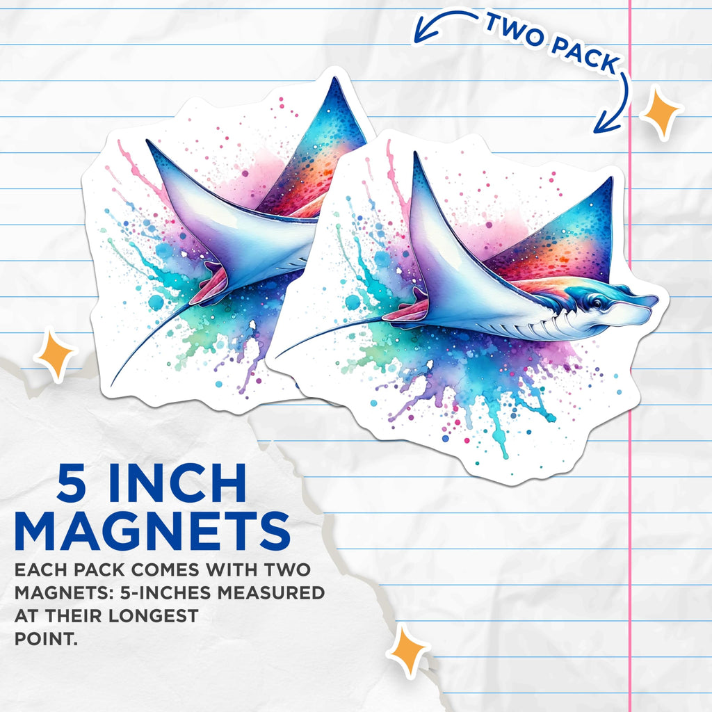 (2 Pack) Stingray Magnets - Watercolor Art Magnets - Fridge Magnets Set - 5" On Longest Side - Premium Magnet - for Cars, Refrigerators, Toolboxes, Lockers - Made in USA - MAG15708