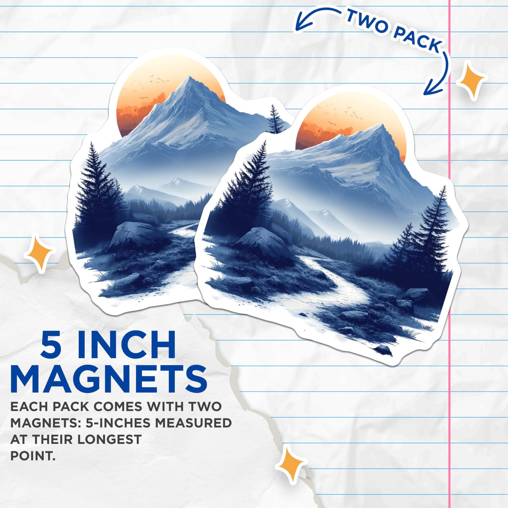 (2 Pack) Mountain Magnets - Sunset Landscape Art - Evergreen Forest Hiking Decor - 5 Inches On Longest Side - Thick Durable Magnet - Made in USA - MAG29918
