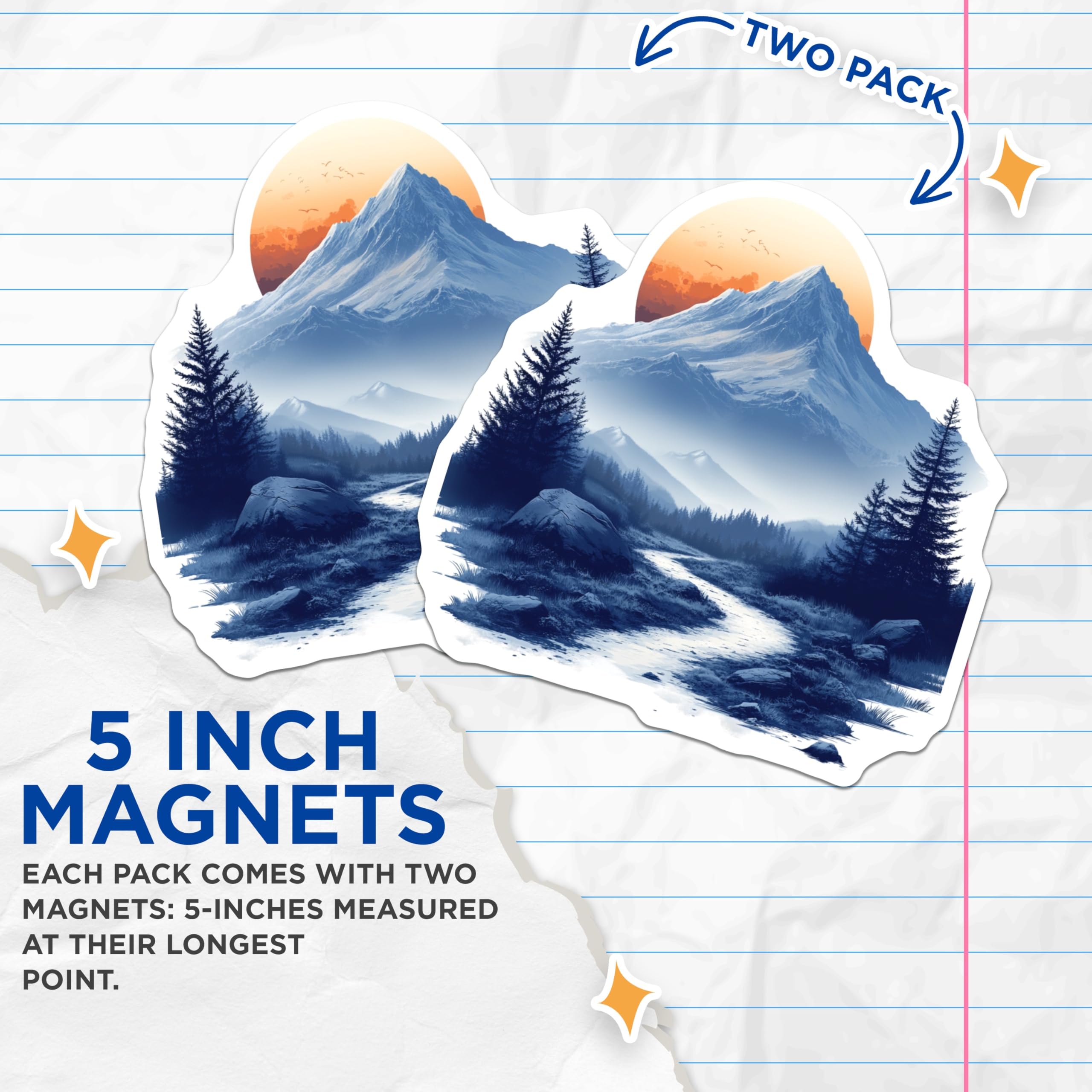 (2 Pack) Mountain Magnets - Sunset Landscape Art - Evergreen Forest Hiking Decor - 5 Inches On Longest Side - Thick Durable Magnet - Made in USA - MAG29918