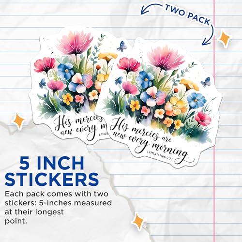 (2 Pack) Bible Verse Floral Stickers - Religious Inspirational Stickers - Christian Faith Stickers - 5" On Longest Side - Sticks to Smooth Flat Surfaces - Made in USA - BMCS4115