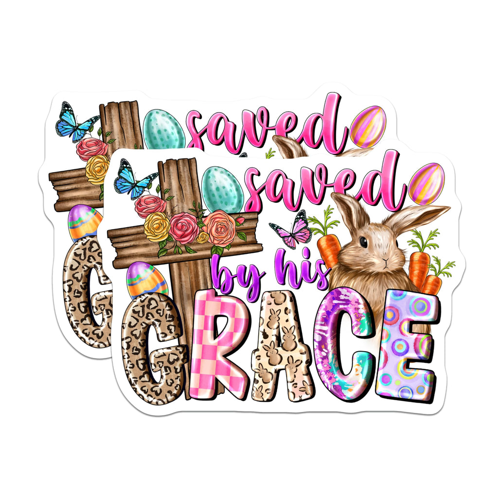 (2 Pack) Christian Easter Magnets - Saved By His Grace Decor - Religious Spring Refrigerator Art for Faith Home - 5 Inches On Longest Side - Thick Durable Magnet - Made in USA - MAG28658