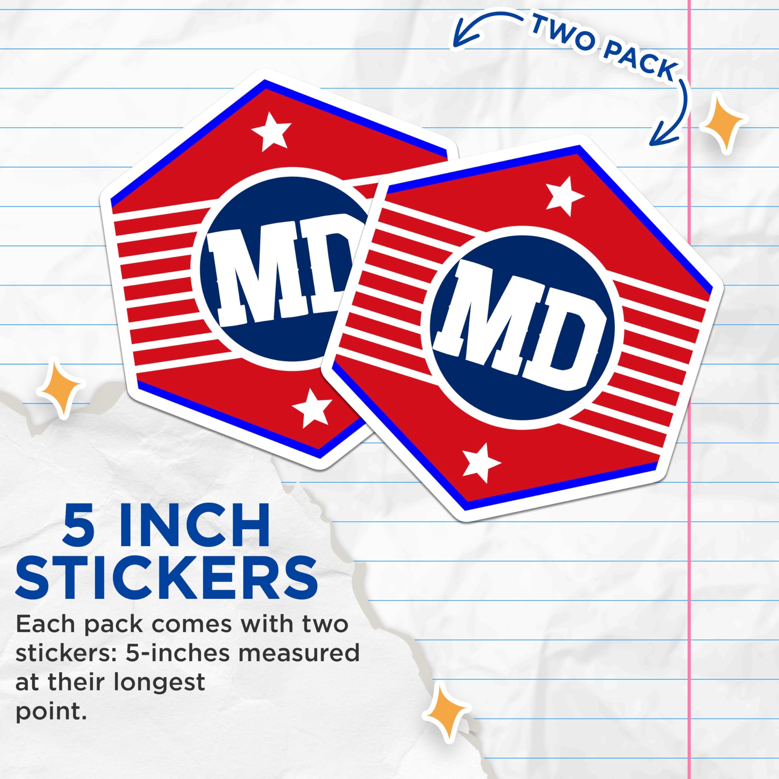 (2 Pack) MD Initial Stickers - Red White and Blue - Letter MD Stickers - 5" On Longest Side - Sticks to Smooth Flat Surfaces - Made in USA - BMCS17735