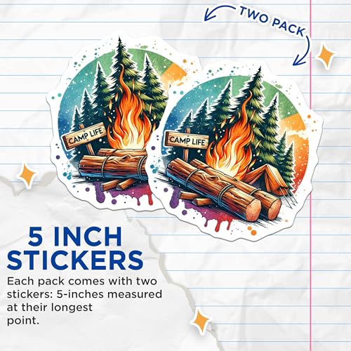 (2 Pack) Camp Life Stickers - Outdoor Adventure - Camping Fire Vinyl Decals - 5" On Longest Side - Sticks to Smooth Flat Surfaces - Made in USA - BMCS7178